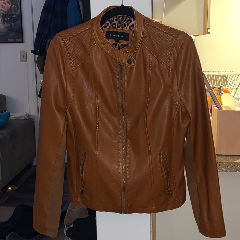 Black Rivet Leather Jacket with Quilted Shoulder